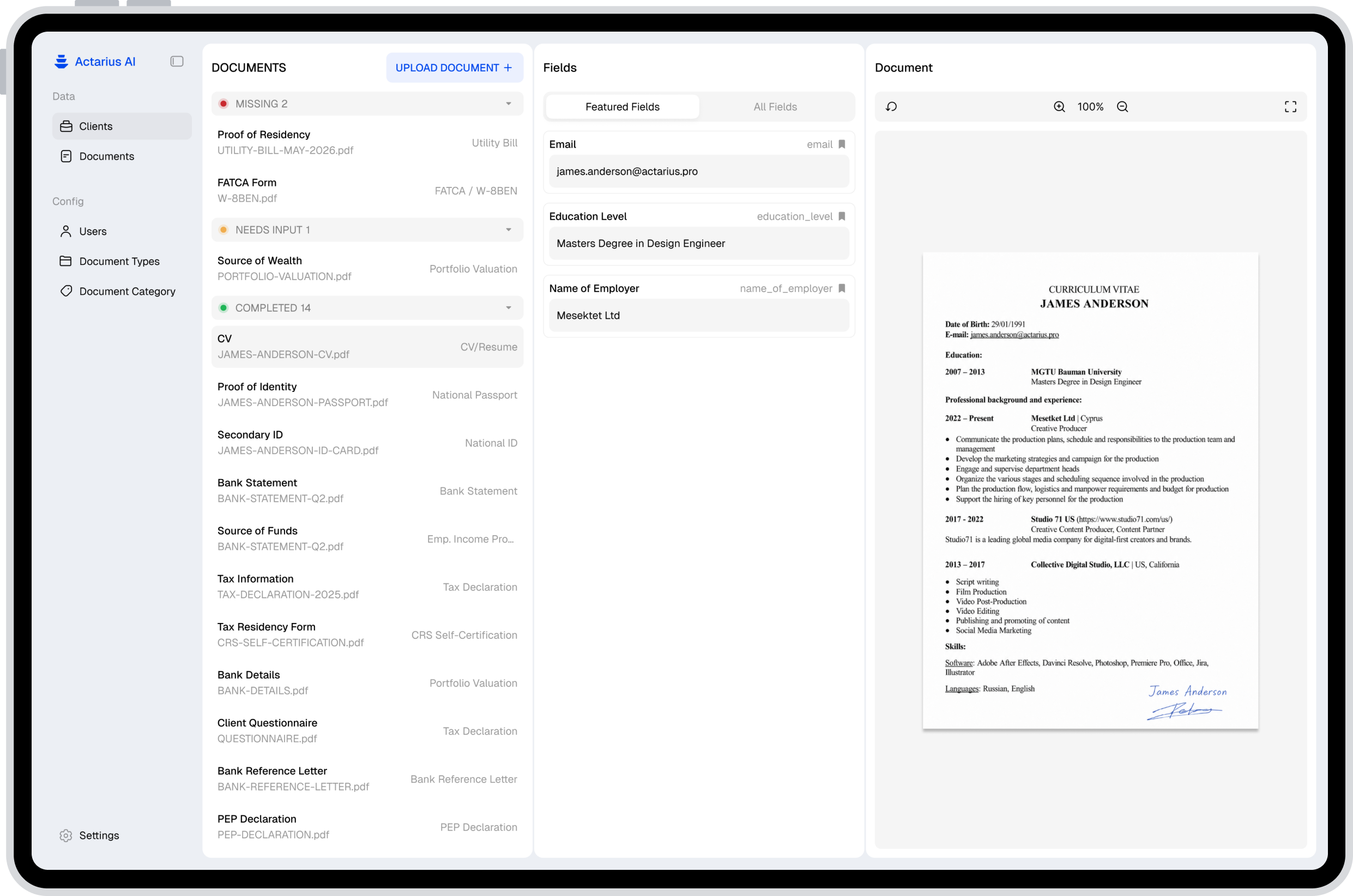 Actarius app interface